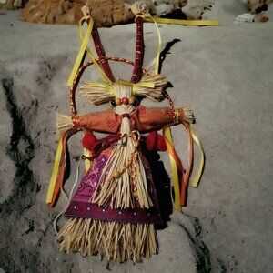 Vintage Corn Husk Doll Ribbon Fabric Dress Braided Belt Key Charm Bead Necklace